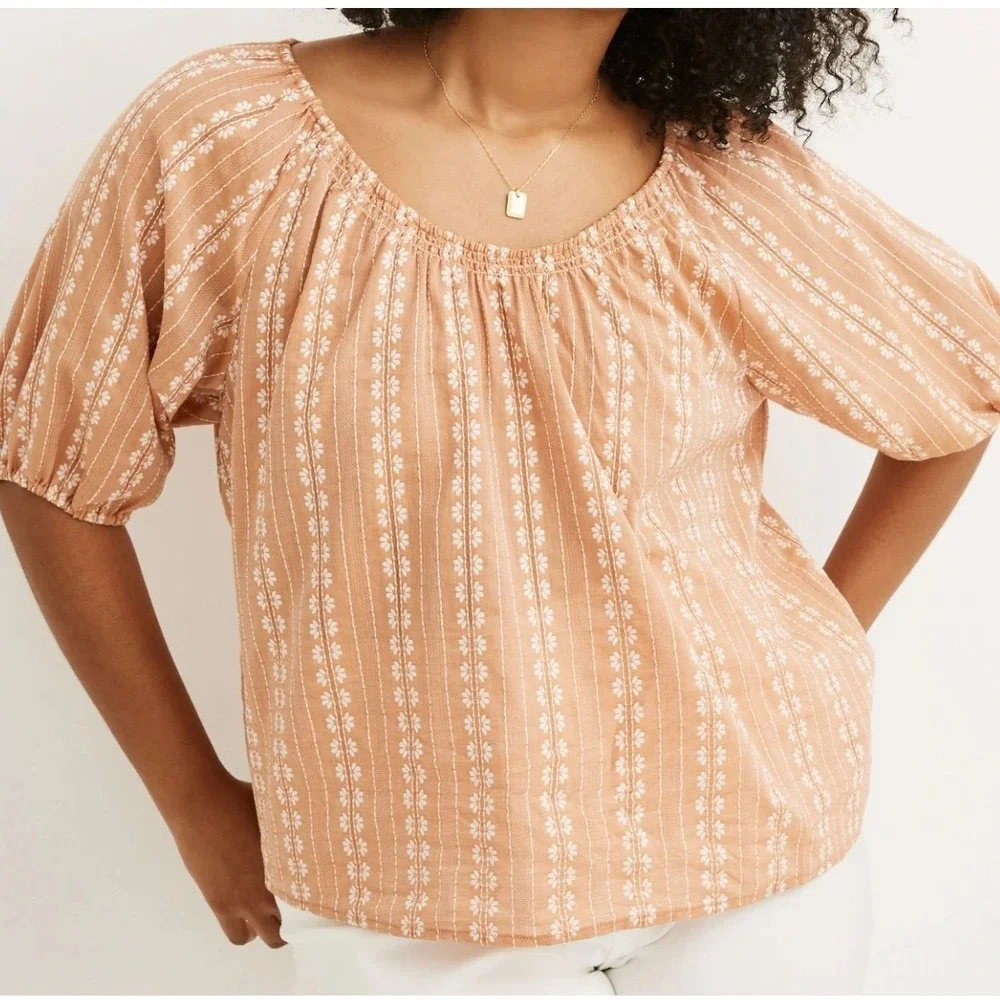 Madewell Blouse Women XS Orange Floral Off-The-Shoulder Puff Sleeve Cottagecore
